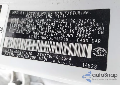 2018 Toyota Camry Xle из США, поврежденный, VIN 4T1B11HK1JU047710